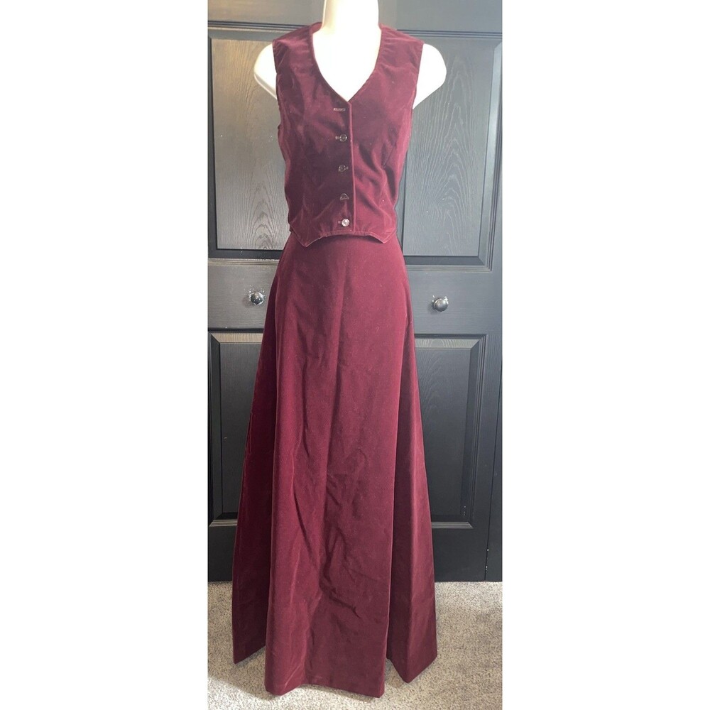 Vintage Union Made Velvet Vest Skirt 2 Piece Set Burgundy ILGWU 80s Sz 11 USA